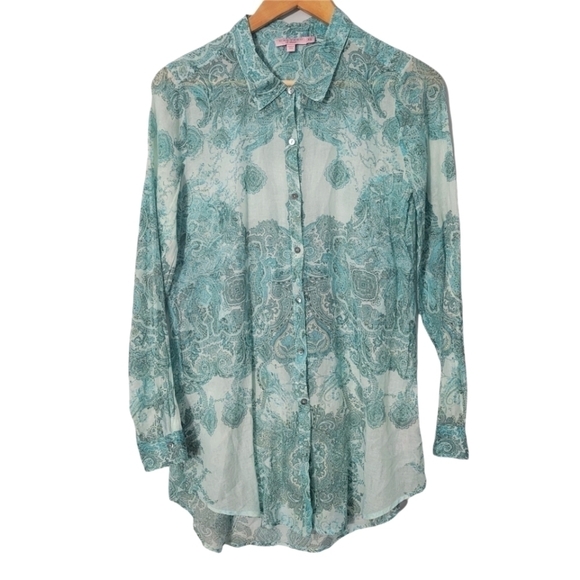 Calypso St. Barth Teal Paisley Print Button Down Collared Shirt - Picture 1 of 12